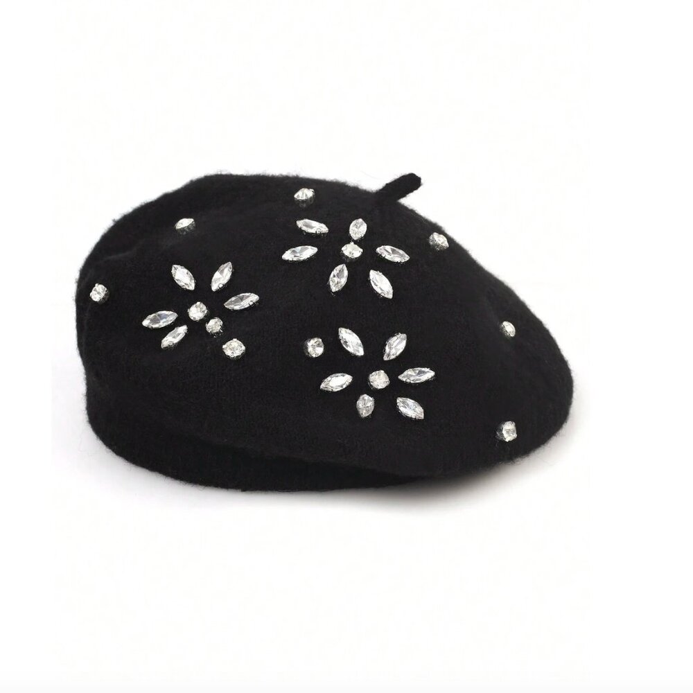 Wool Blend Rhinestone Flower Knitted Beret Cap Black
